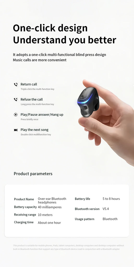 Wireless Bluetooth 5.3 Headphone Bone Conduction Headset Clip Single Ear Earphones Sport Earbuds For iPhone Huawei Realme OPPO