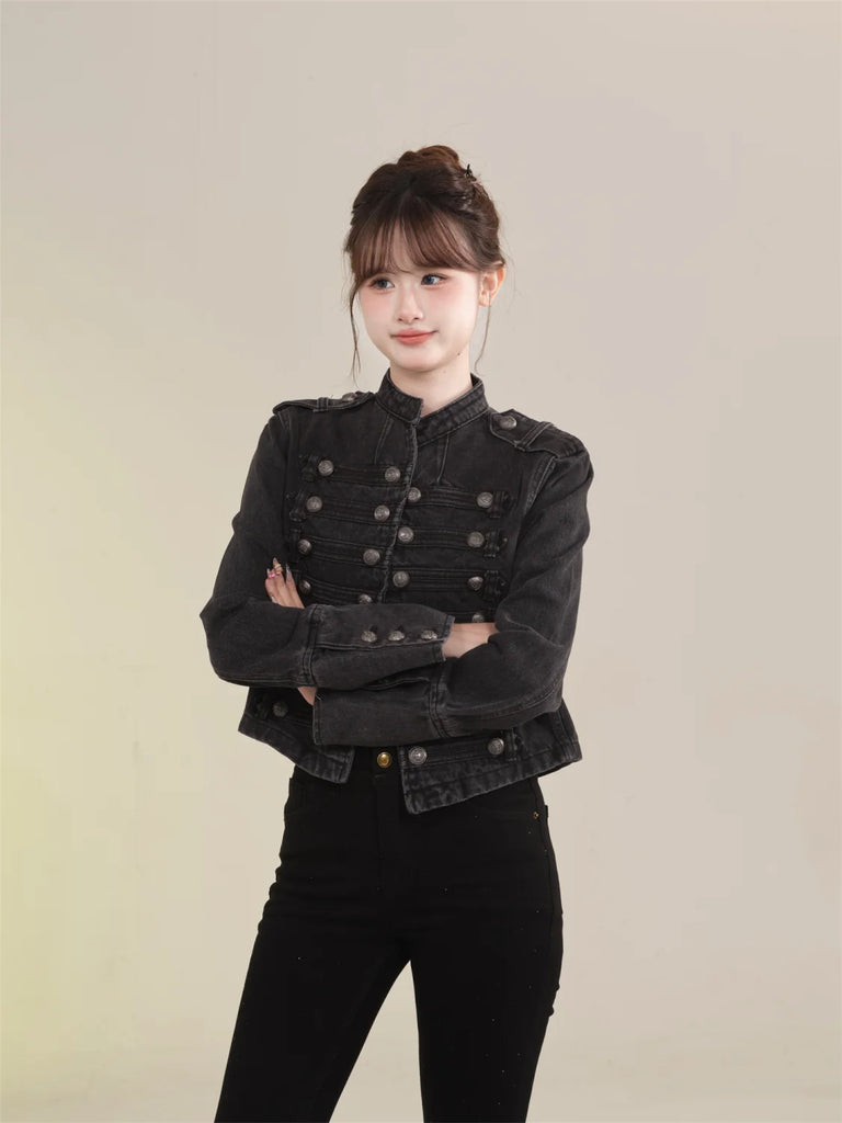 Women's Clothing Short Coat New Jeans Jacket Retro Button Design Slim Stand-up Collar Long Sleeves Denim Top Jacket Short Coat