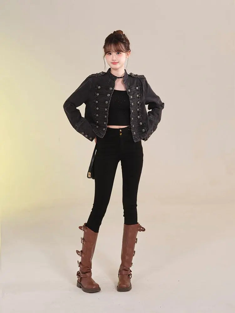 Women's Clothing Short Coat New Jeans Jacket Retro Button Design Slim Stand-up Collar Long Sleeves Denim Top Jacket Short Coat