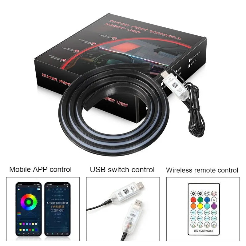 Interior 1.5M Car WindShield Decor Car LED Atmosphere Light USB Plug and Play Car LED Decorative Light with Remote Control APP