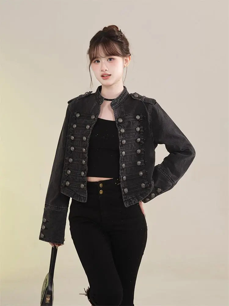 Women's Clothing Short Coat New Jeans Jacket Retro Button Design Slim Stand-up Collar Long Sleeves Denim Top Jacket Short Coat
