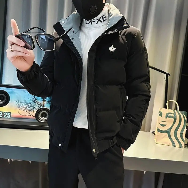 Winter New Fashion Stand Collar Long Sleeve Contrast Color Parkas Men's Clothing Korean Thicken Warm Pockets Zipper Youth Tops