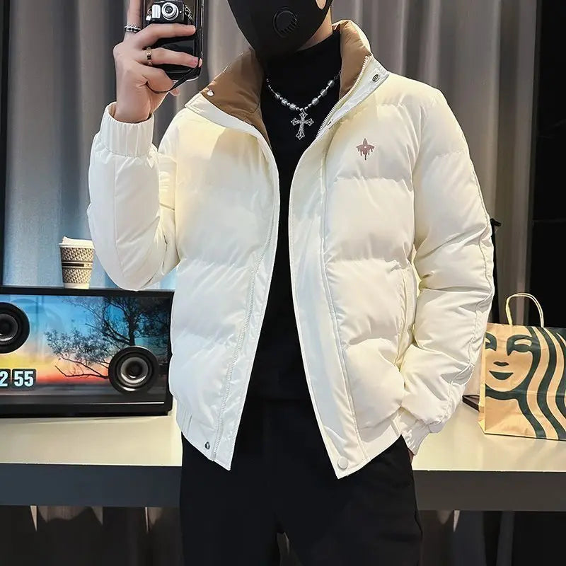 Winter New Fashion Stand Collar Long Sleeve Contrast Color Parkas Men's Clothing Korean Thicken Warm Pockets Zipper Youth Tops