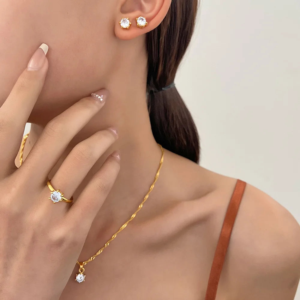 5Pcs Elegant Crystal Jewelry Set Zirconia Ring Necklace Bracelet Earrings Simple Set Jewelry Fashion Versatile Trendy Jewelry