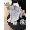 Women Clothing Fashion All-match Turn-down Collar Button T-shirt Summer New Elegant Solid Patchwork Short Sleeve Tops Lady Tunic