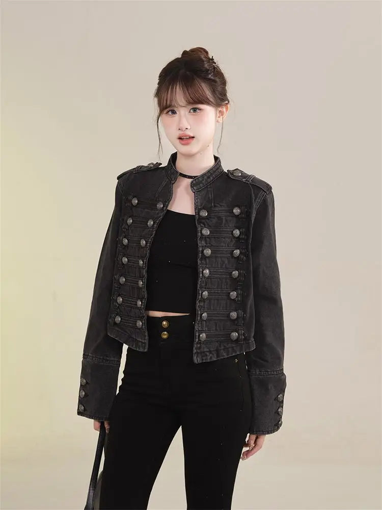 Women's Clothing Short Coat New Jeans Jacket Retro Button Design Slim Stand-up Collar Long Sleeves Denim Top Jacket Short Coat