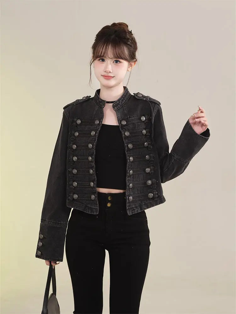 Women's Clothing Short Coat New Jeans Jacket Retro Button Design Slim Stand-up Collar Long Sleeves Denim Top Jacket Short Coat