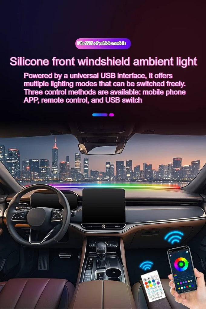 Interior 1.5M Car WindShield Decor Car LED Atmosphere Light USB Plug and Play Car LED Decorative Light with Remote Control APP