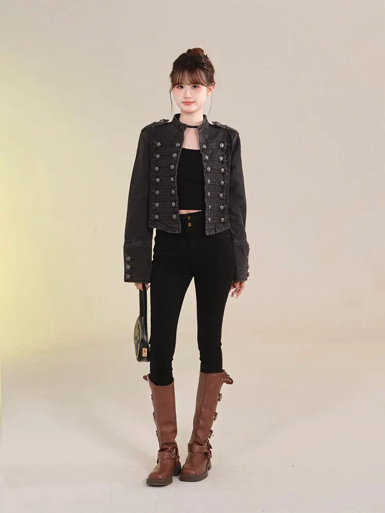 Women's Clothing Short Coat New Jeans Jacket Retro Button Design Slim Stand-up Collar Long Sleeves Denim Top Jacket Short Coat